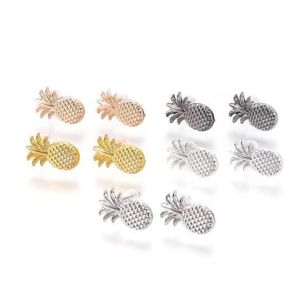 

PandaHall Brass Stud Earring Findings, with Plastic Ear Nuts and Loop, Long-Lasting Plated, Pineapple, Mixed Color, 15.5x10x2mm, Hole: 1.6mm...