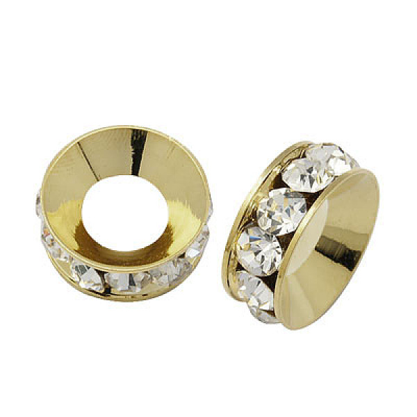 

PandaHall Brass Rhinestone Spacer Beads, Grade A, Rondelle, Light Gold Metal Color, Crystal, 7x3.3mm, Hole: 3.5mm Brass+Rhinestone Rondelle..., Clear