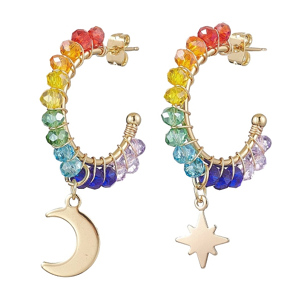 

PandaHall Moon & Star Chakra Faceted Glass Dangle Half Hoop Earrings, Asymmetrical Stud Earrings, Brass Jewelry for Women, Golden...