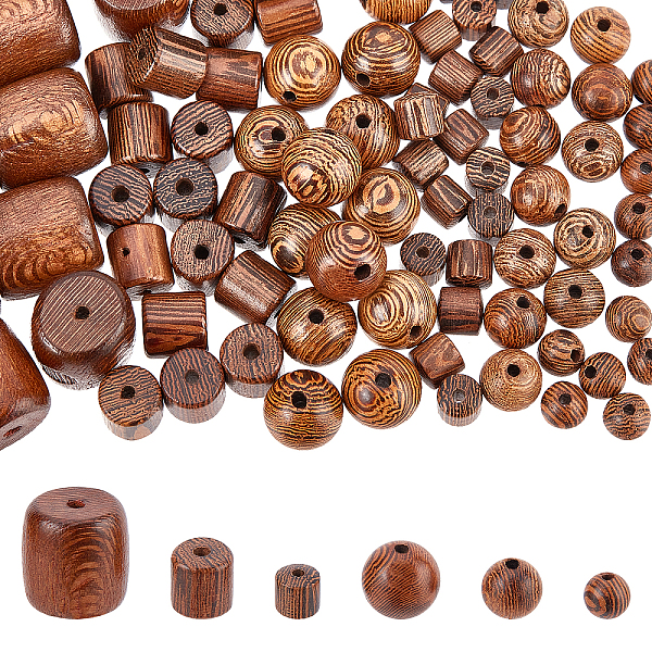 

PandaHall ARRICRAFT 120Pcs 6 Style Natural Wenge Wood Beads, Round & Barrel, Camel, 6~14.5x6~13mm, Hole: 1~2mm, 20pcs/style Wenge Mixed..., Brown