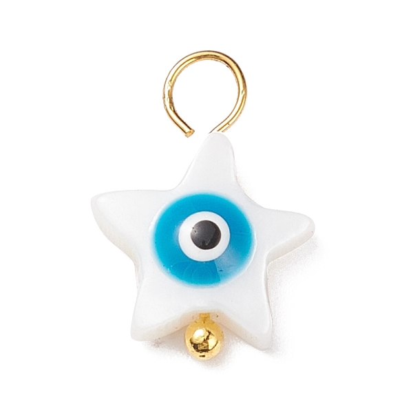 

PandaHall Natural Freshwater Shell Charms, with Golden Tone Alloy Loops, Star with Evil Eye, Deep Sky Blue, 14.5x10x3.5mm, Hole: 3mm...
