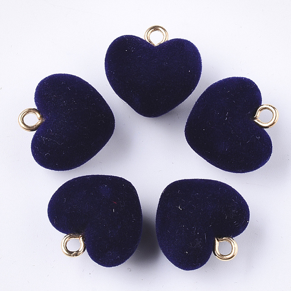PandaHall Flocky Acrylic Pendants, with Brass Loops, Heart, Golden, Prussian Blue, 18.5x18x13mm, Hole: 2.5mm Brass+Acrylic Heart Blue