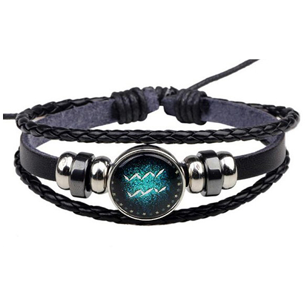 

PandaHall Constellation Glass Link Multi-strand Bracelet, PU Leather Braided Triple Layer Gothic Bracelet for Men Women, Aquarius...