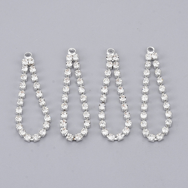 

PandaHall Brass Rhinestone Cup Chain Pendants, Crystal, Teardrop, Silver, 30~35x8x2mm, Hole: 1.6mm Brass+Rhinestone Teardrop Clear