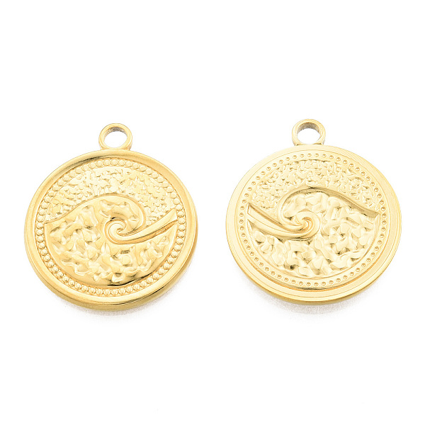 

PandaHall Ion Plating(IP) 201 Stainless Steel Pendants, Flat Round with Spindrift, Real 18K Gold Plated, 24x20.5x2mm, Hole: 2.5mm 201...