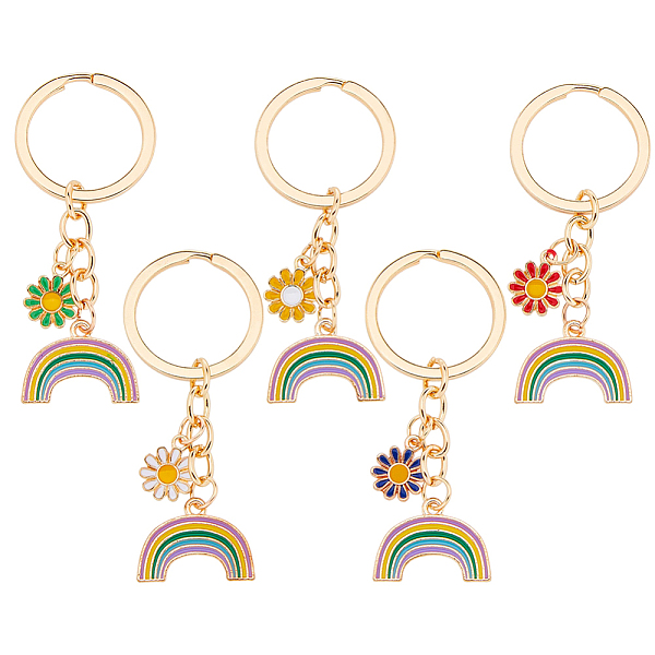 

PandaHall HOBBIESAY 5 Colors Rainbow Keychain 2.75" Rainbow and Daisy Key Rings Alloy Enamel Pendant with Light Gold Plated Keyrings for..., Multicolor