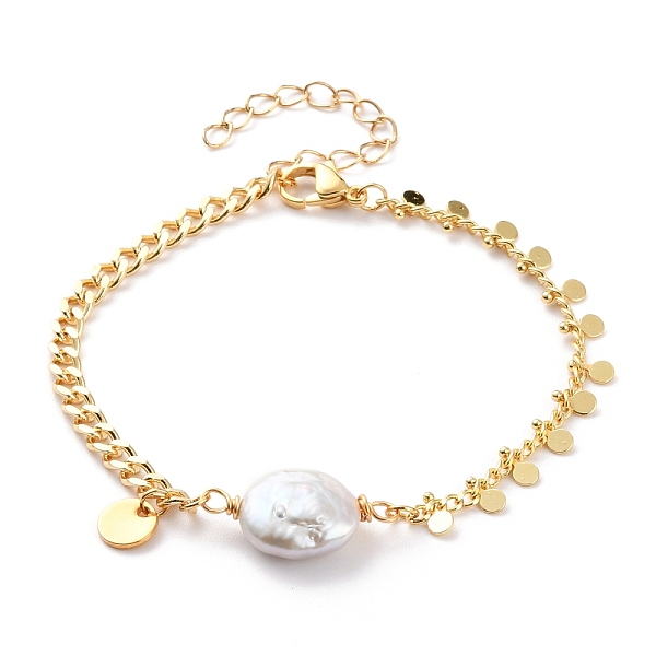 

PandaHall Natural Baroque Pearl Keshi Pearl Link Bracelets, with Brass Curb Chains, 304 Stainless Steel Lobster Claw Clasps and Flat Round..., White