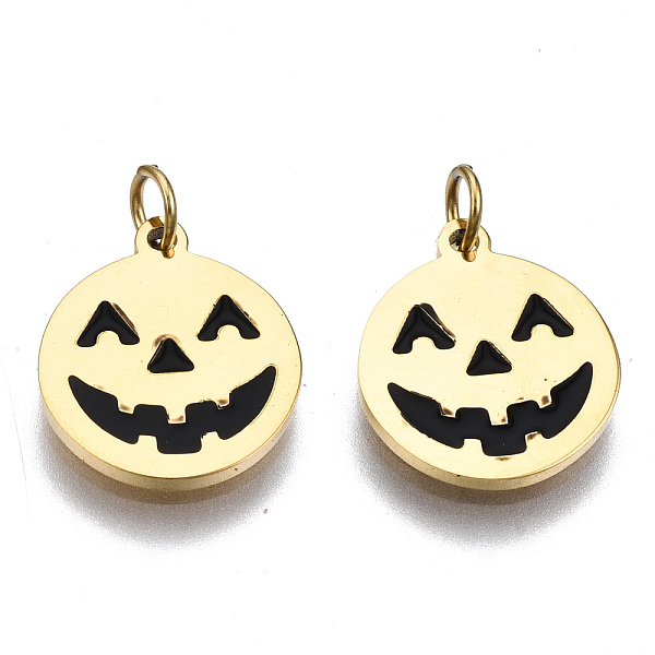 

PandaHall 316 Surgical Stainless Steel Enamel Charms, with Jump Rings, for Halloween, Flat Round with Hollween Style Smile, Black, Real 14K...