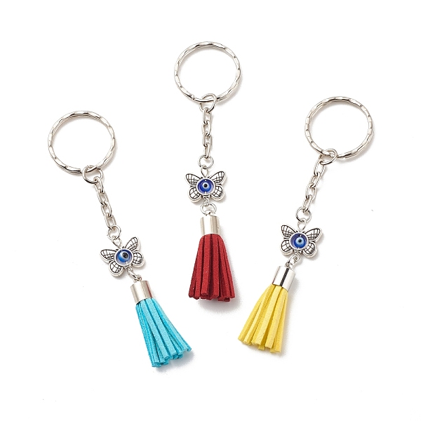 

PandaHall Faux Suede Tassel & Tibetan Style Alloy Pendant Keychain, with Handmade Evil Eye Lampwork and Iron Split Key Rings, Butterfly..., Multicolor