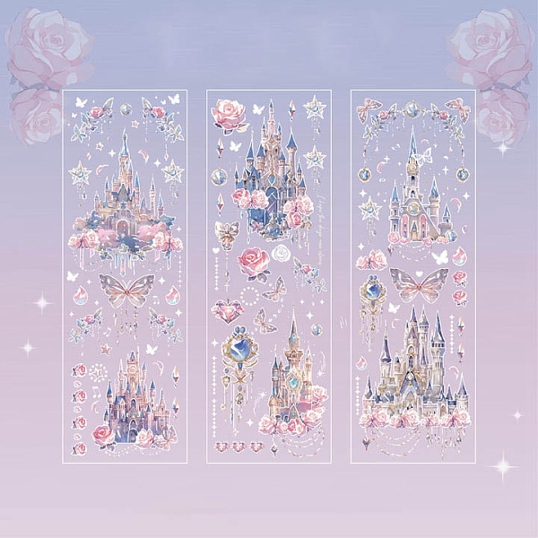 

PandaHall 3 Sheets Laser PVC Waterproof Castle Decorative Stickers, Self-adhesive Castle Decals, for DIY Scrapbooking, Pink, 180x60mm...