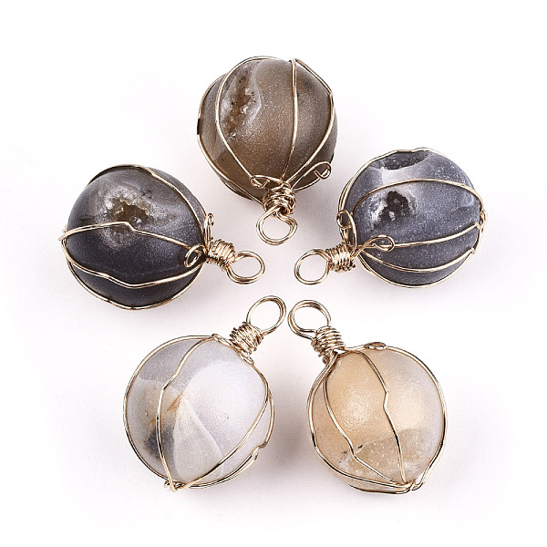

PandaHall Natural Druzy Geode Agate Pendants, Wire Wrapped Pendants, with Brass Wire, Round, Light Gold, 30~33x20~21mm, Hole: 3.5~4.5mm...