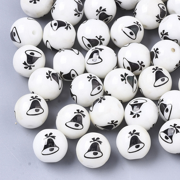 

PandaHall Christmas Opaque Glass Beads, Round with Electroplate Christmas Bell Pattern, Gunmetal Plated, 10mm, Hole: 1.2mm Glass Round White