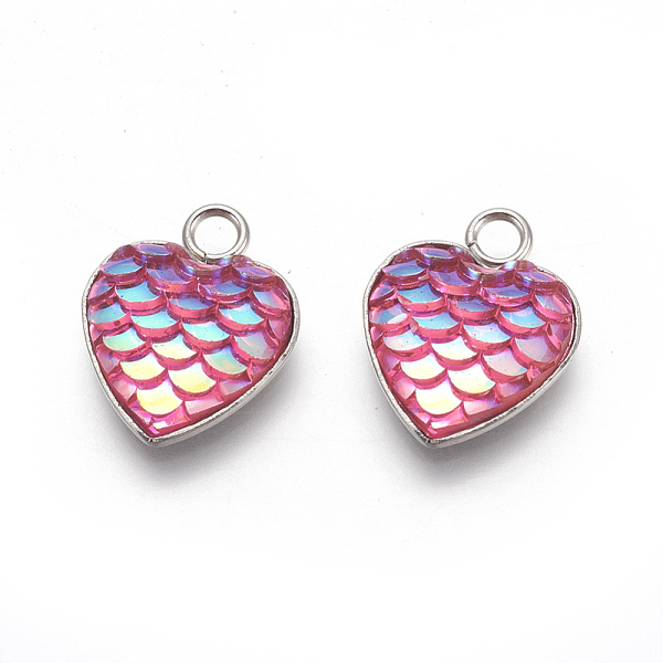 

PandaHall 304 Stainless Steel Pendants, with Resin, Heart with Fish Scale Shape, Stainless Steel Color, Hot Pink, 16x13x3.5mm, Hole: 2mm...