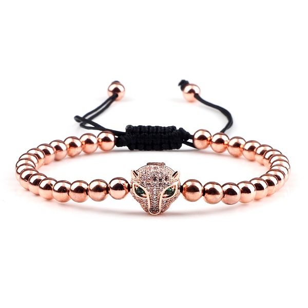 Verstellbare Süße Und Coole Paare Messing Micro Pave Zirkonia Leopard Geflochtene Perlen Armbänder Für Frauen