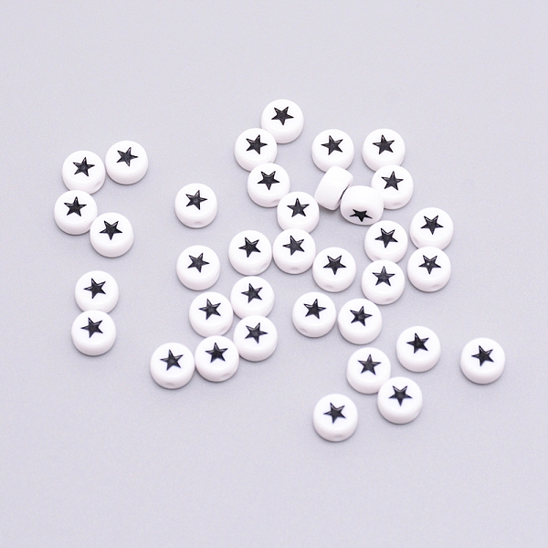 

PandaHall Opaque Acrylic Beads, with Enamel, Flat Round with Star, Black, 7x4mm, Hole: 1.6mm, 100pcs/bag Acrylic Flat Round Black