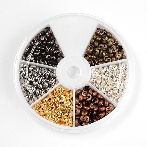 

PandaHall 6 Color Brass Crimp Beads Covers, Nickel Free, 4mm In Diameter, Hole: 1.5mm, About 75pcs/compartment, 450pcs/box Brass