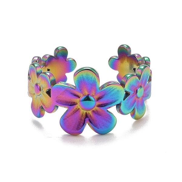Rainbow Color Ion Plating(IP) 304 Stainless Steel Flower Wrap Open Cuff Ring For Women