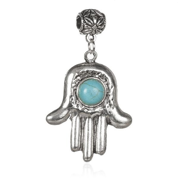 

PandaHall Alloy Synthetic Turquoise European Dangle Pendants, with Alloy Scarf Bail Bead Tube Bails, Hamsa Hand/Hand of Fatima/Hand of..., Blue