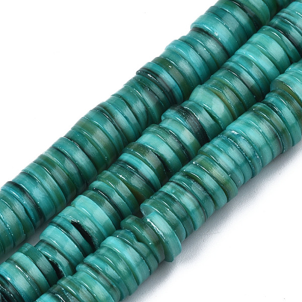 

PandaHall Natural Freshwater Shell Beads Strands, Dyed, Heishi Beads, Flat Round/Disc, Light Sea Green, 8x1~2.5mm, Hole: 0.8mm, about...