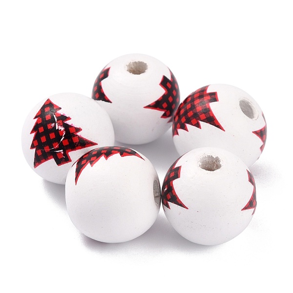 

PandaHall Dyed Natural Wooden Beads, Round with Christmas Tree Pattern, White, 16.5x15mm, Hole: 4mm Wood Round White