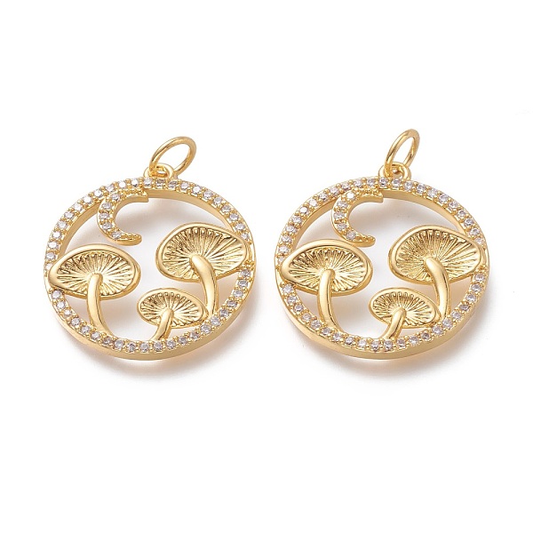 

PandaHall Autumn Theme Brass Micro Pave Clear Cubic Zirconia Pendants, with Jump Rings, Long-Lasting Plated, Flat Round with Mushroom, Real...