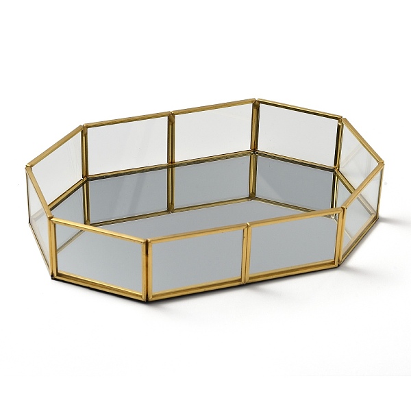 PandaHall Glass Tray Mirror, Storage Tray, with Golden Plated Brass Edge, Cosmetics Jewelry Organizer, Octagon, Clear, 21x14.1x4.1cm Glass...