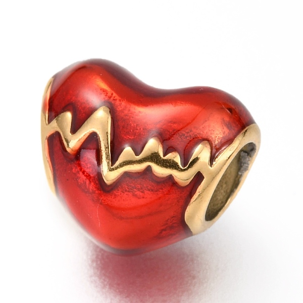 

PandaHall Ion Plating(IP) 304 Stainless Steel European Beads, with Enamel, Large Hole Beads, Heartbeat, Golden, Red, 10x12x9mm, Hole: 4.5mm...