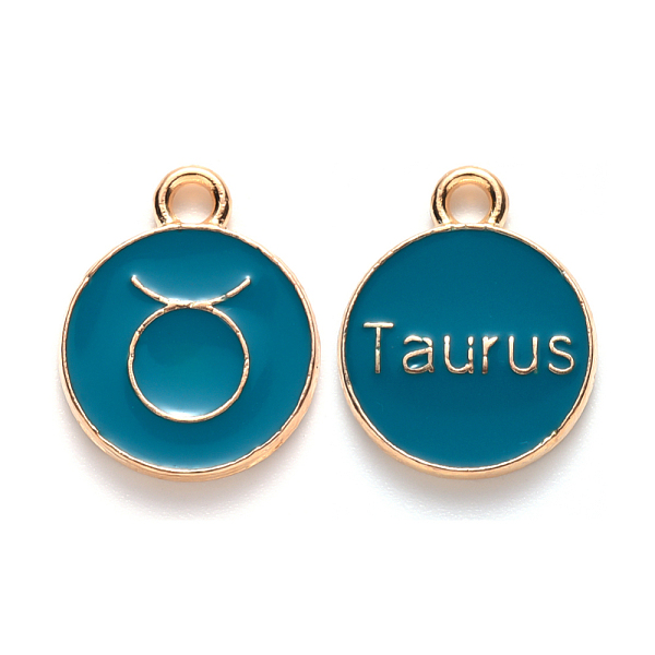 

PandaHall Alloy Enamel Pendants, Cadmium Free & Lead Free, Flat Round with Constellation, Light Gold, Dark Cyan, Taurus, 15x12x2mm, Hole...