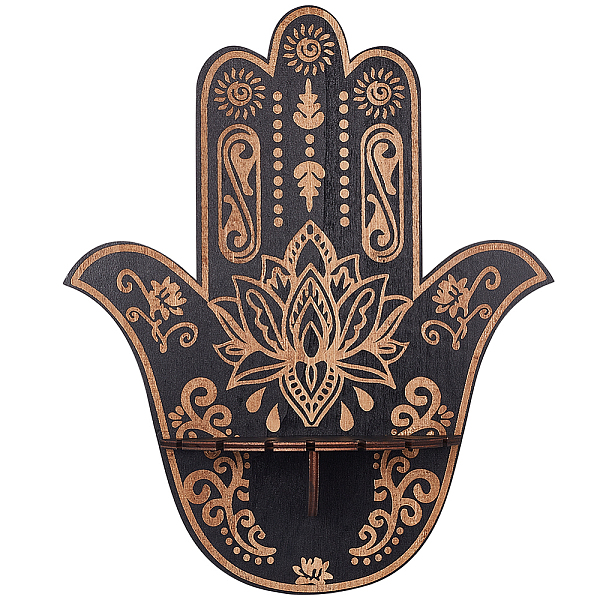 

PandaHall CREATCABIN Hamsa Crystal Display Shelf Hamsa Hand Wooden Wall Decor Crystal Holder Shelves Lotus Wall Mounted Floating Shelf Stand..., Black