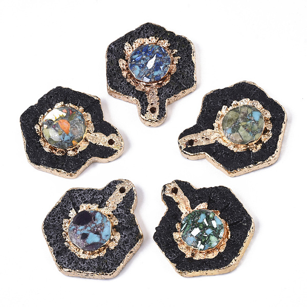 PandaHall Assembled Natural Lava Rock and Synthetic Regalite/Imperial Jasper/Sea Sediment Jasper Pendants, with Edge Light Gold Plated...
