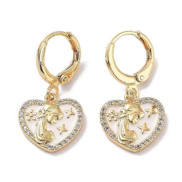 

PandaHall Real 18K Gold Plated Brass Dangle Leverback Earrings, with Enamel and Cubic Zirconia, Heart, 27x11.5mm Cubic Zirconia Heart White