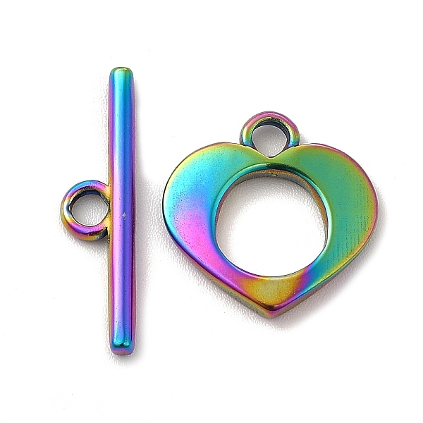 PandaHall Ion Plating(IP) 304 Stainless Steel Toggle Clasps, Heart, Rainbow Color, Heart: 16x16x2mm, Hole: 2.5mm, 8mm inner diameter, Bar...