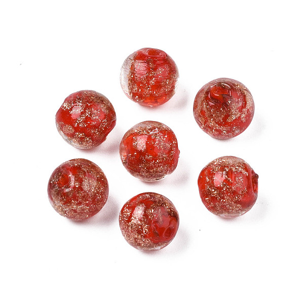 

PandaHall Handmade Gold Sand Lampwork Beads, Round, Red, 9~10x9~10mm, Hole: 1.5mm Lampwork Round Red