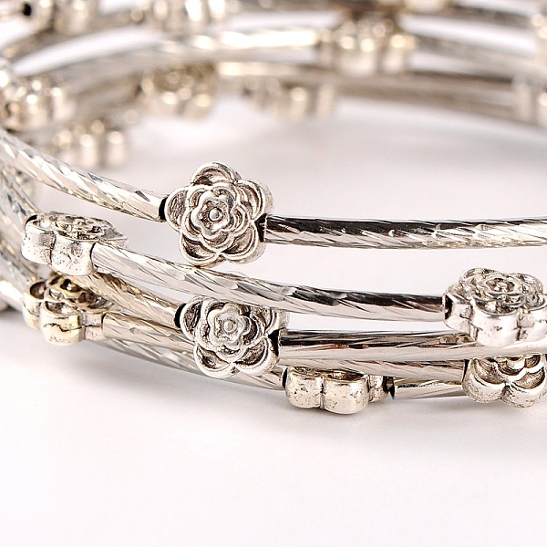 

PandaHall Brass Tube 5-Loops Wrap Bracelets, with Tibetan Style Flower Beads, Antique Silver, 2 inch(5.1cm) Brass