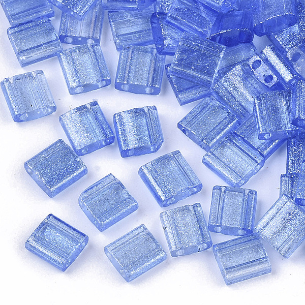 

PandaHall 2-Hole Glass Seed Beads, Transparent Spray Painted, with Glitter Powder, Rectangle, Dodger Blue, 5x4.5~5.5x2~2.5mm, Hole...