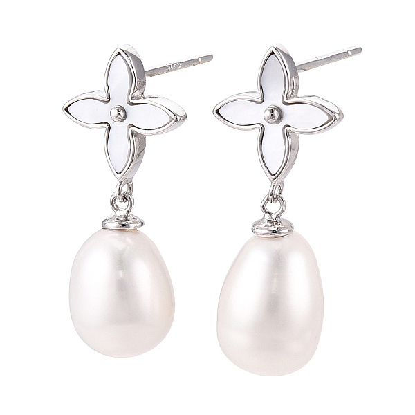 

PandaHall Drop Clover Natural Pearl & Shell Dangle Stud Earrings, Rhodium Plated 925 Sterling Silver Earrings for Women, Platinum...