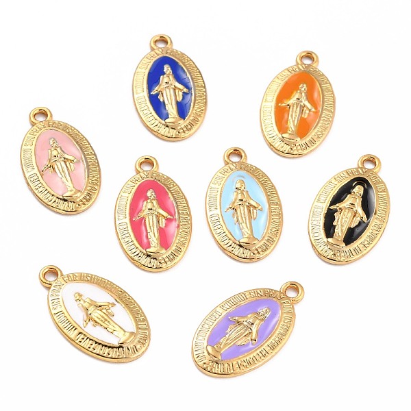 

PandaHall Golden Alloy Enamel Pendants, Long-Lasting Plated, Our Lady of the Miraculous Medal, Oval, Mixed Color, 21x12x1.5mm, Hole: 1.7mm..., Multicolor