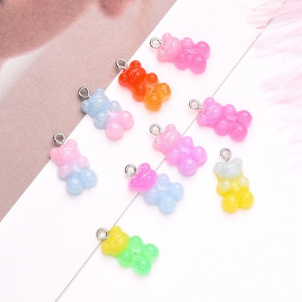 

PandaHall Gradient Color Opaque Resin Pendants, with Glitter Powder and Platinum Tone Iron Peg Bails, Bear, Mixed Color, 21x11x6.5mm, Hole..., Multicolor