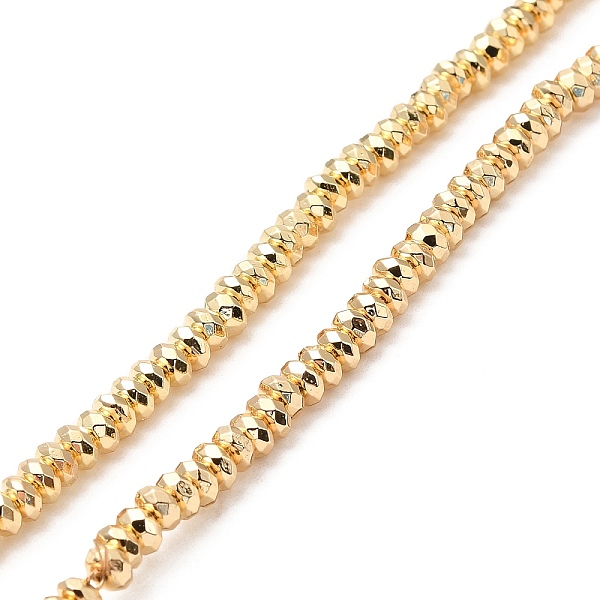 

PandaHall Synthetic Non-magnetic Hematite Beads Strands, Rondelle, Faceted, Light Gold Plated, 4x2mm, Hole: 0.9mm, about 149pcs/strand...
