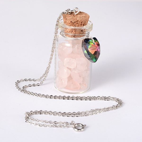 

PandaHall Glass Bottle Pendant Necklaces, with Rose Quartz Chip Beads, Electroplated Glass Heart Pendants and Platinum Tone Brass Chains..., Multicolor