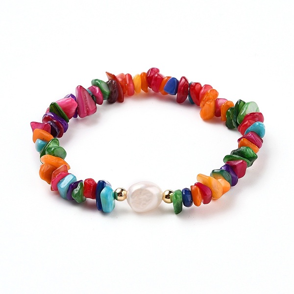 

PandaHall Chip Natural Shell Stretch Beaded Bracelets, with Natural Pearl and Brass Beads, Golden, Colorful, Inner Diameter: 2 inch(5cm)...