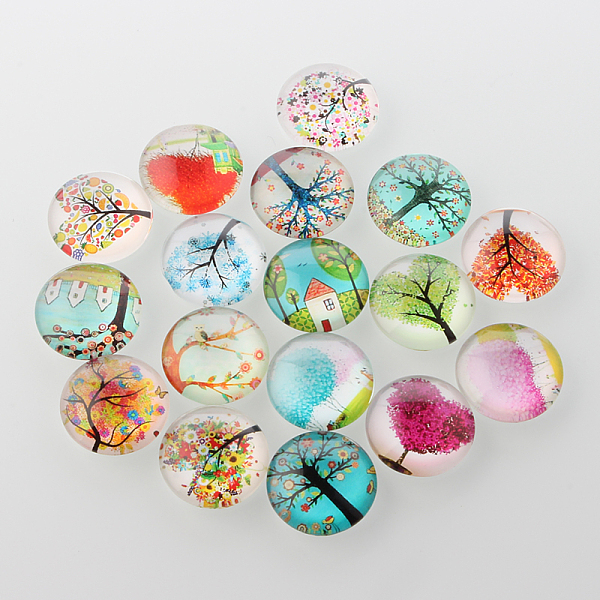 

PandaHall Tree of Life Printed Half Round/Dome Glass Cabochons, Mixed Color, 14x5mm Glass Half Round Multicolor