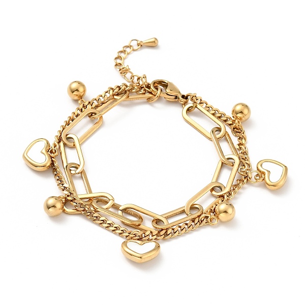 

PandaHall Shell Heart and Round Ball Charm Multi-strand Bracelet, Vacuum Plating 304 Stainless Steel Double Layered Chains Bracelet for...