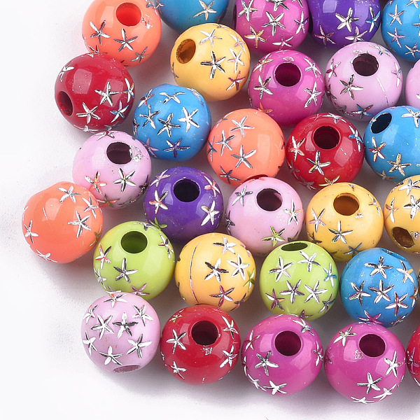 

PandaHall Plating Acrylic Beads, Metal Enlaced, Round with Star, Mixed Color, 12x11mm, Hole: 4mm, about 550pcs/500g Acrylic Round Multicolor