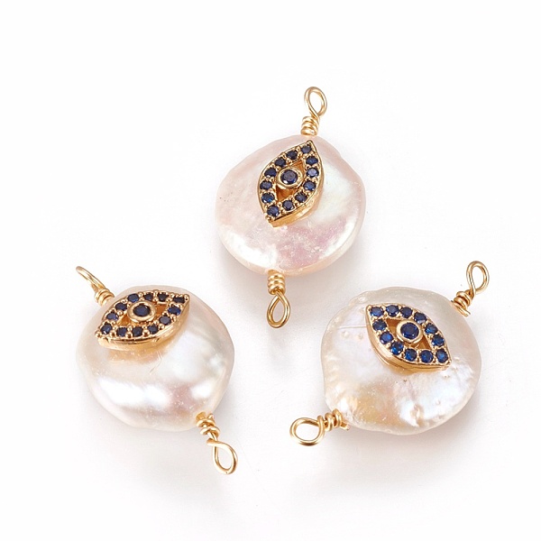 

PandaHall Natural Pearl Links connectors, with Cubic Zirconia and Brass Findings, Flat Round with Eye, Golden, Dark Blue, 19~23x10~12x6~9mm...