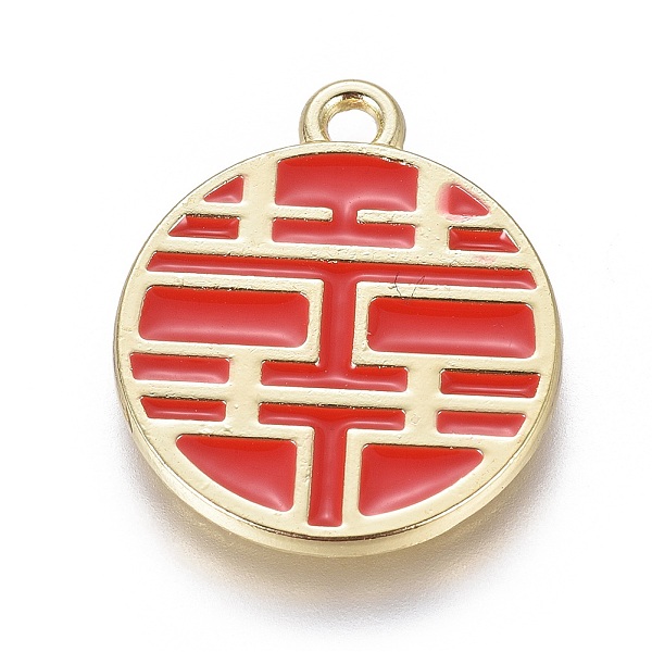 

PandaHall Alloy Enamel Chinese Symbol Pendants, Flat Round with Chinese Character Happiness, Light Gold, Red, 20.5x17.5x2mm, Hole: 1.6mm...