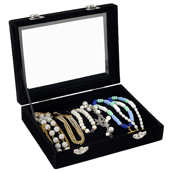 

PandaHall OLYCRAFT Velvet Jewelry Boxes Tray Display Cases with Transparent Lid Jewelry Organizers with MDF Wood and Iron Locks for Rings..., Black