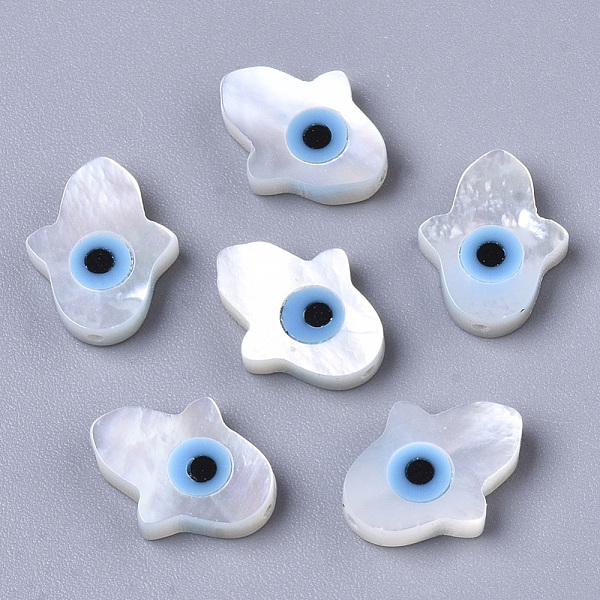 

PandaHall Natural White Shell Mother of Pearl Shell Beads, with Synthetic Turquoise, Hamsa Hand/Hand of Miriam with Evil Eye, Deep Sky Blue...
