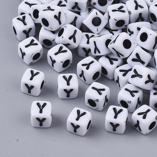 

PandaHall White Opaque Acrylic Beads, Horizontal Hole, Cube with Black Alphabet, Letter.Y, 4~5x4~5x4~5mm, Hole: 1.8mm, about 255~260pcs/20g...