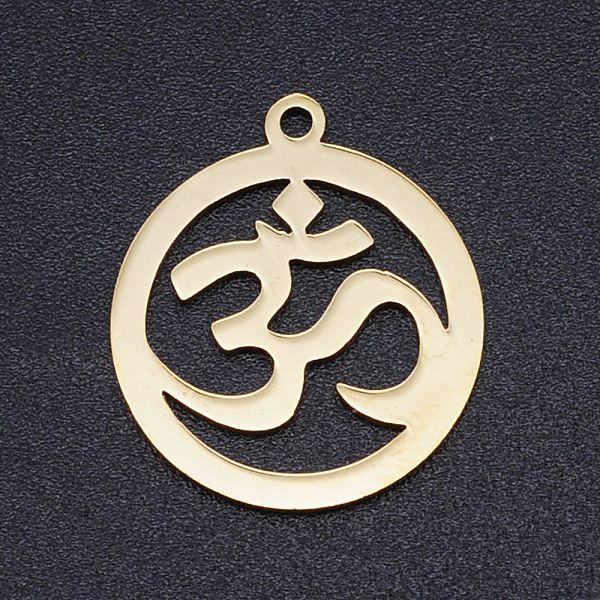 

PandaHall Chakra Theme, 201 Stainless Steel Laser Cut Pendants, Ring with Aum/Ohm, Golden, 23x20x1mm, Hole: 2mm 201 Stainless Steel Ring